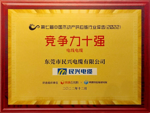 莞企民兴电缆荣登2022年中国不动产供应链行业竞争力十强